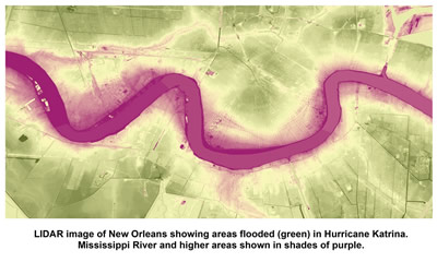 Lidar image of New Orleans, showing area flooded in Hurricane Katrina